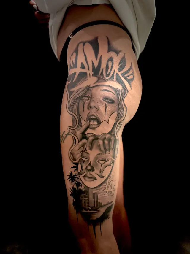 Bein-Tattoo mit Frauenporträt und Schriftzug